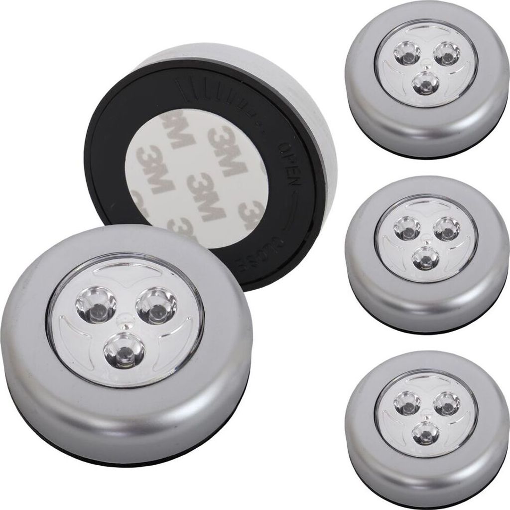 A set of silver LED touch lights with adhesive backing.