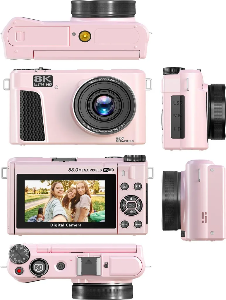 Fotocamera Roseate 88 MP 8K, zoom 18x, autofocus, 3 pollici, schermo ribaltabile a 180°, doppia batteria, Wi-Fi, mirrorless, con copriobiettivo, scheda di memoria da 32 GB per fotografia