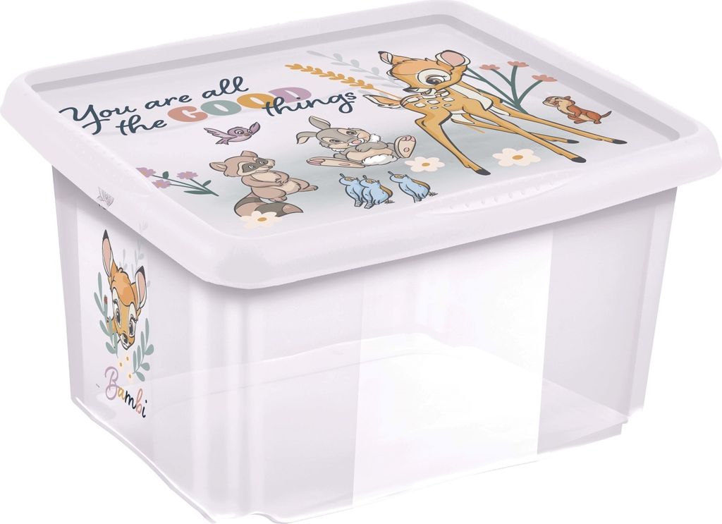 A clear, studio shot of a transparent plastic storage box with a lid featuring a Bambi illustration and text.