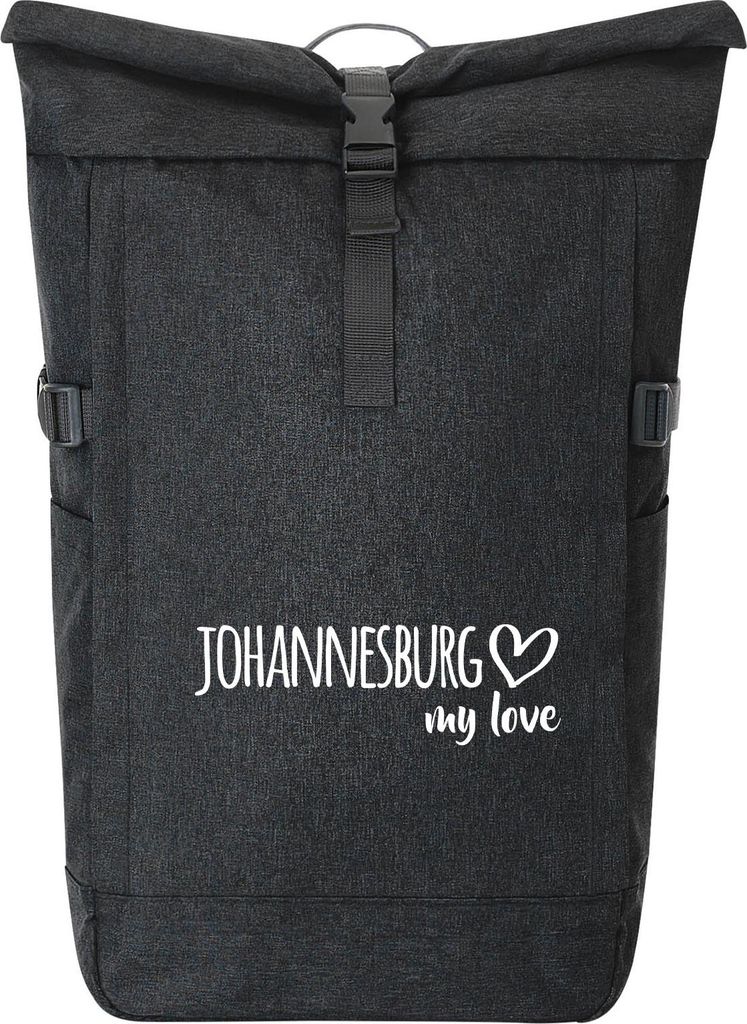 Huuraa Kurierrucksack Johannesburg my love 30-44 Liter Black Melange Fairtrade Rolltop Rucksack Geschenkidee