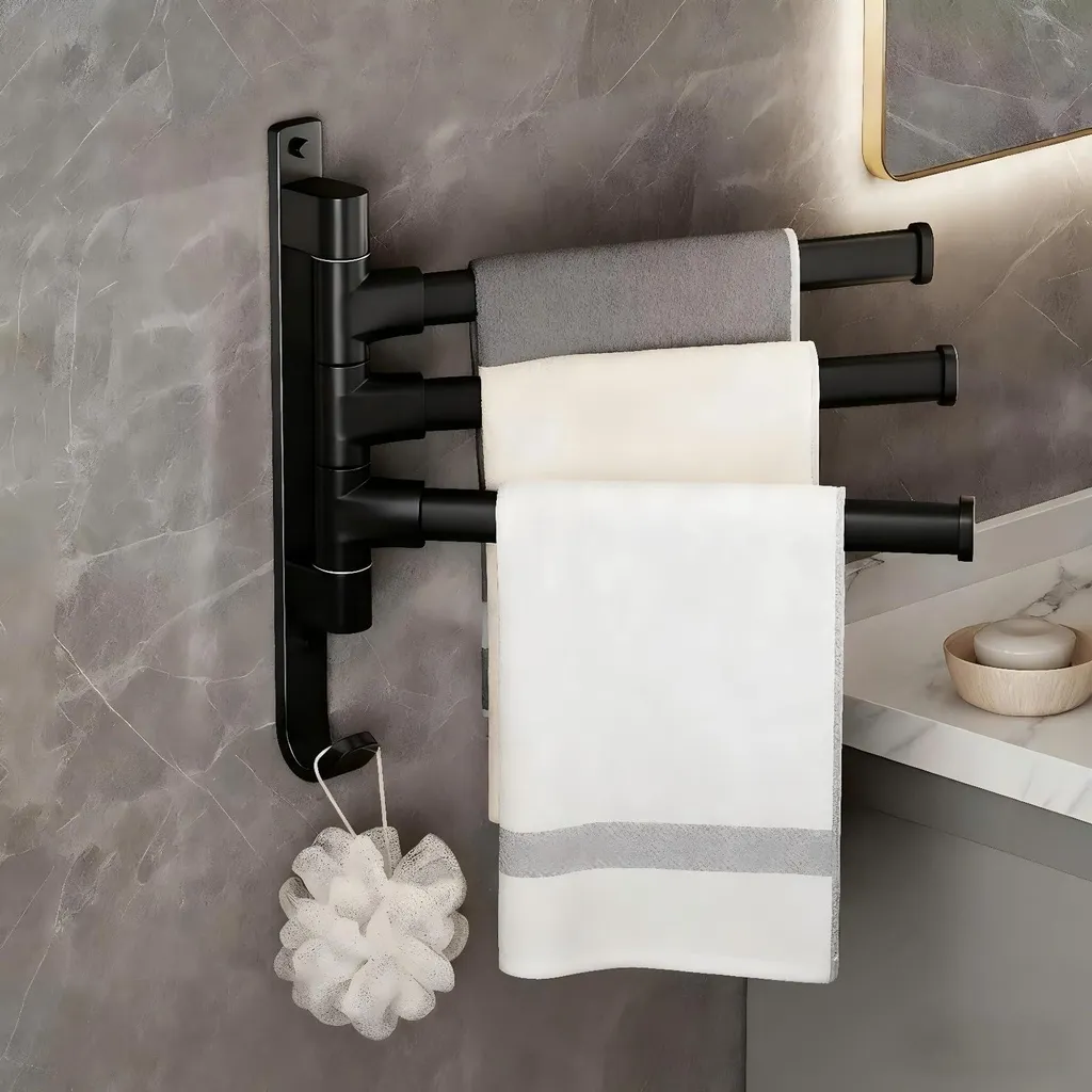 Sèche-serviette rotatif 3 bras en alu noir pour salle de bain et cuisine