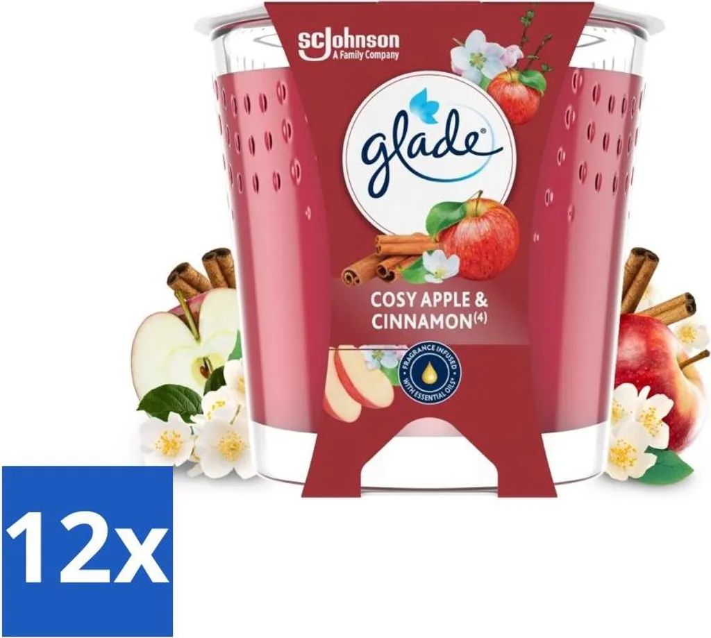 Glade - Candela profumata Cosy Apple Cinnamon - 100% cera di colza e vegana - 112 g - confezione risparmio - 12 pezzi