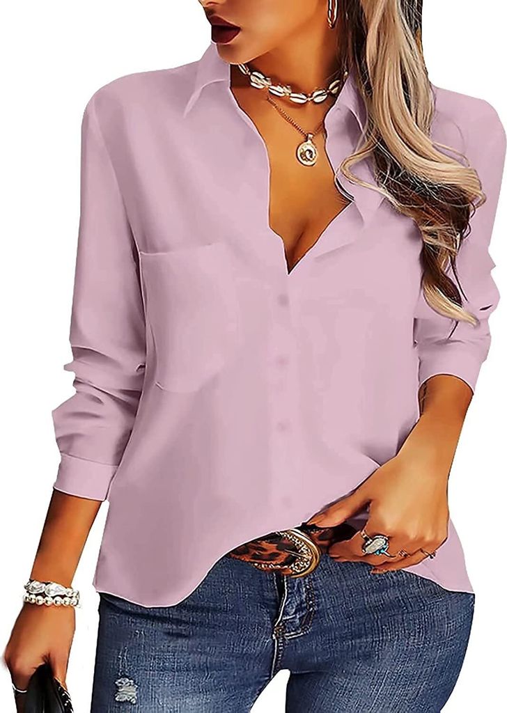 ASKSA Damen Kn?pfen Bluse Elegant V-Ausschnitt Langarm Tops mit Brusttasche, Rosa, S