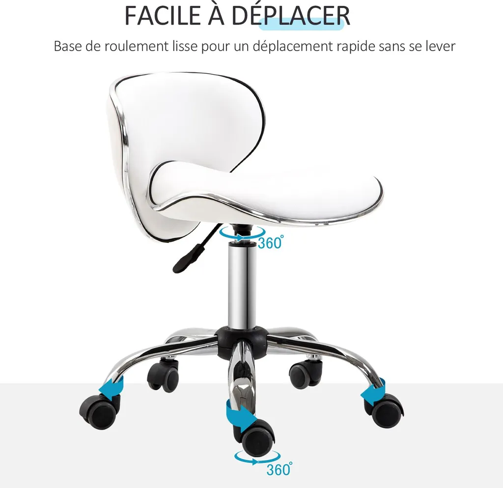 HOMCOM Tabouret à roulettes réglable 44-56 cm avec dossier blanc - 4