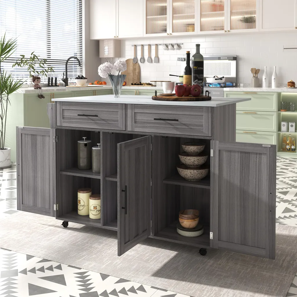Îlot de Cuisine Mobile Gris avec Rangement Interne et Deux Tiroirs