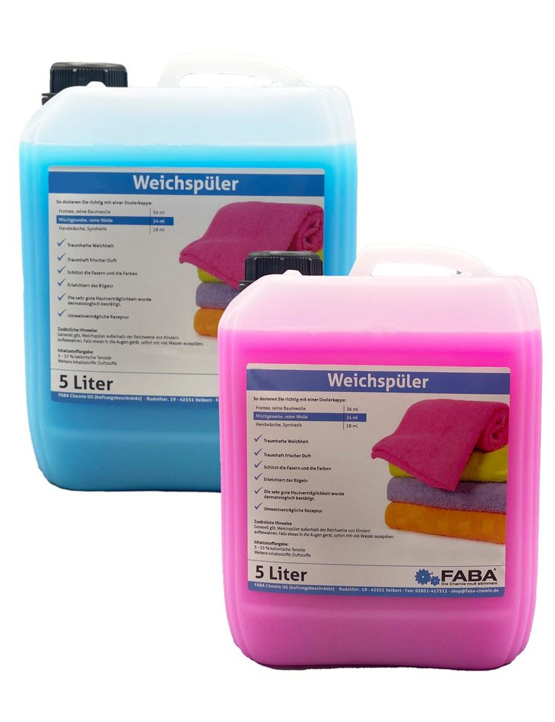 2 x 5 L Weichspüler blau/rose für weiche Wäsche mit angenehm frischem Duft inkl. Auslaufhilfe