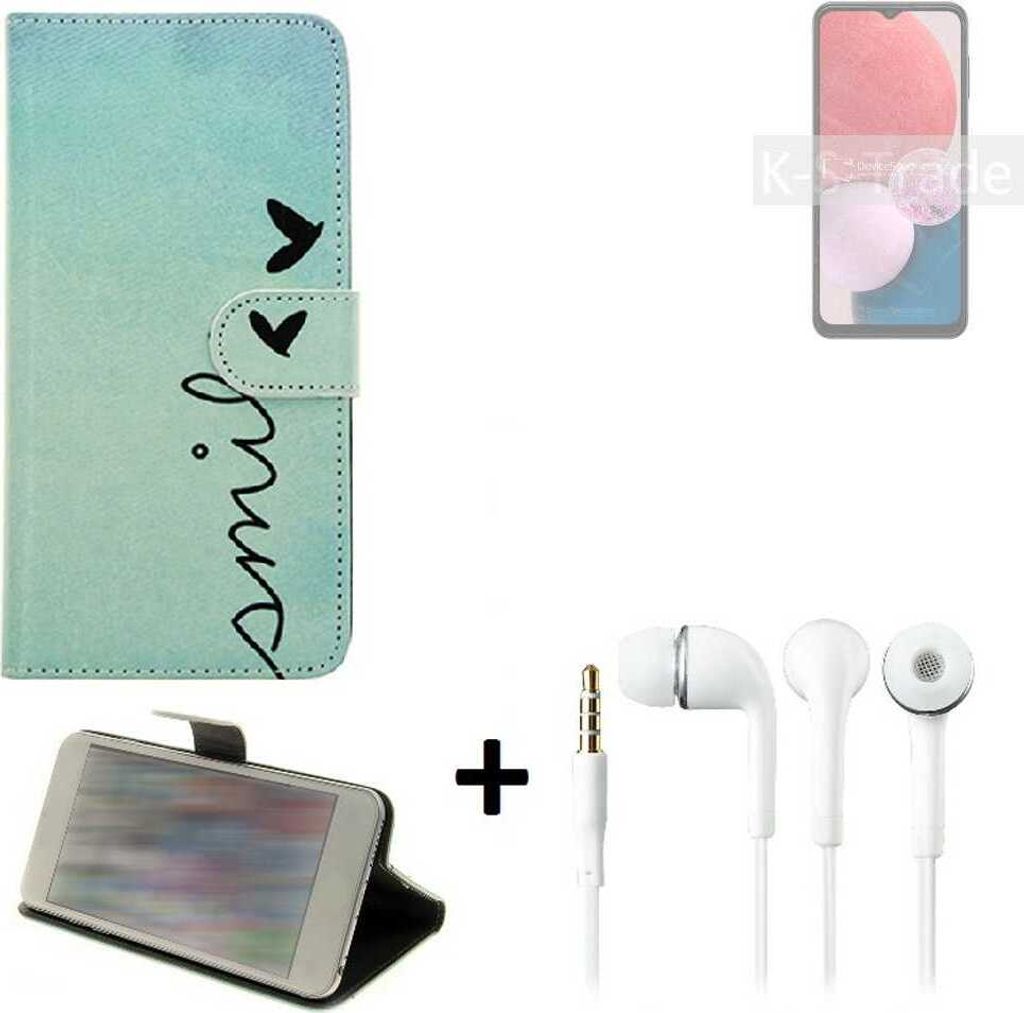 K-S-Trade Schutz Hülle Handy Hülle kompatibel mit Samsung Galaxy A13 360° Wallet Case Schutz Hülle ''smile'' inkl. Ohrstöpsel Smartphone cover