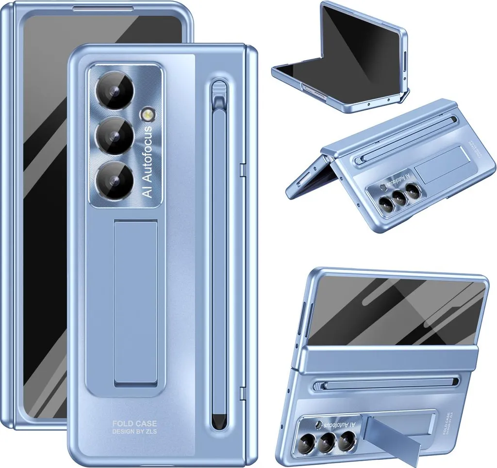 Custodia per Samsung Galaxy Z Fold 7 galvanizzata con S Pen e portapenna, protezione dello schermo, protezione della cerniera e supporto blu
