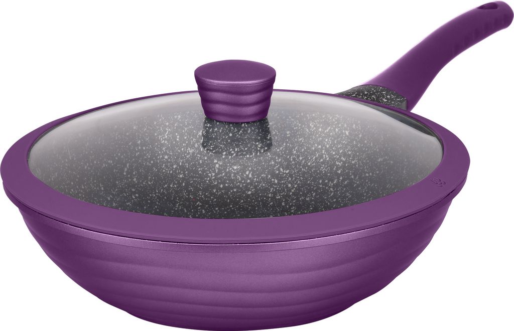 Ø28cm WOK-Pfanne ca. 8cm hoch KING NEW-WAVE Aluguss mit Keramikbeschichtung Innen: FUSION TI / mit Glasdeckel / Farbe: Aubergine