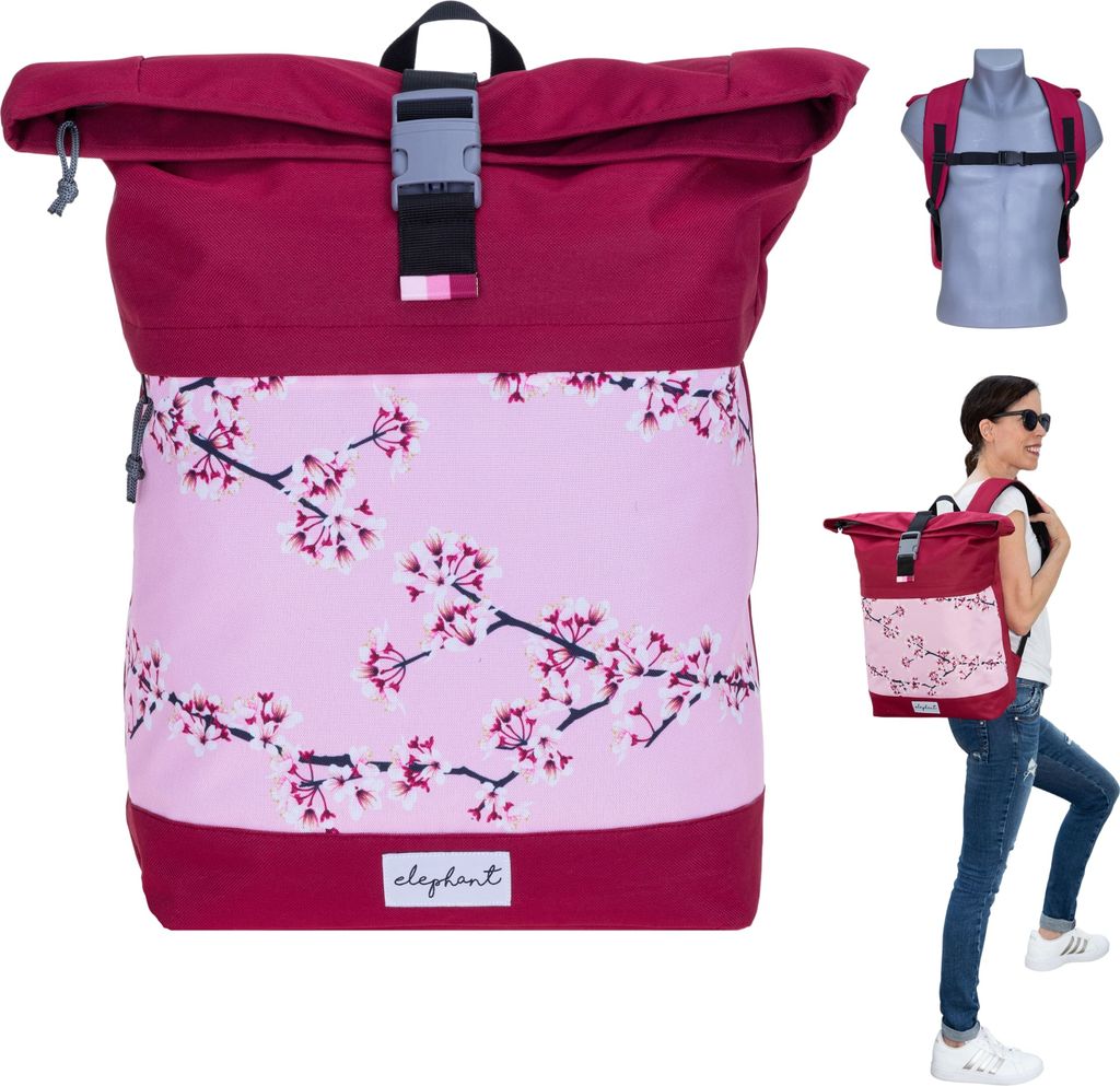 Rucksack Damen Mädchen Freizeitrucksack groß Sport A4 Roll-Top mit Laptopfach Geheimfach Anti-Theft Elephant Daypack Large 13038 Flower Cherry Rot