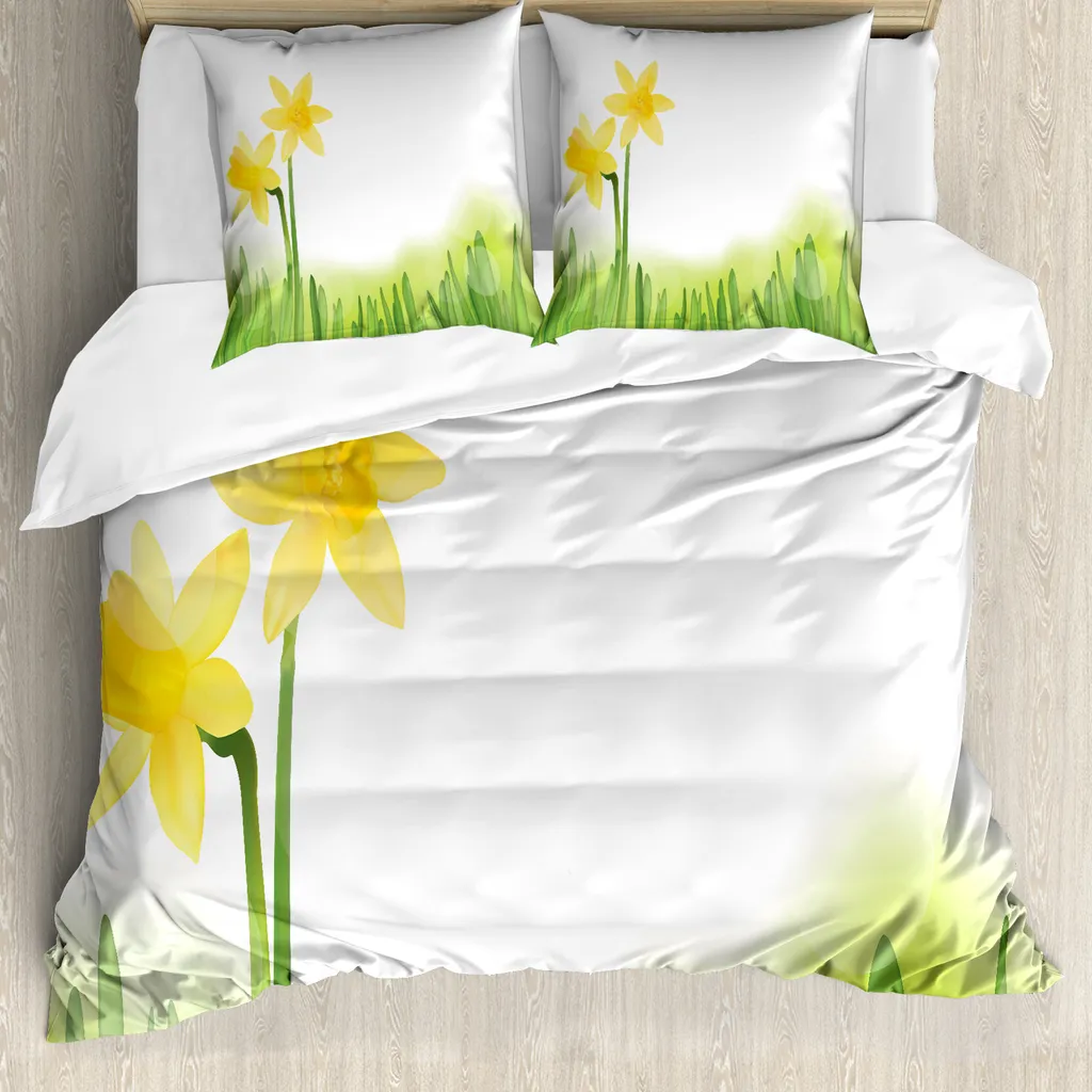 ABAKUHAUS Copripiumino Narciso, narcisi con erba, antiacaro, adatto a chi soffre di allergie, con federe, 155 cm x 220 cm - 80 x 80 cm, verde giallo