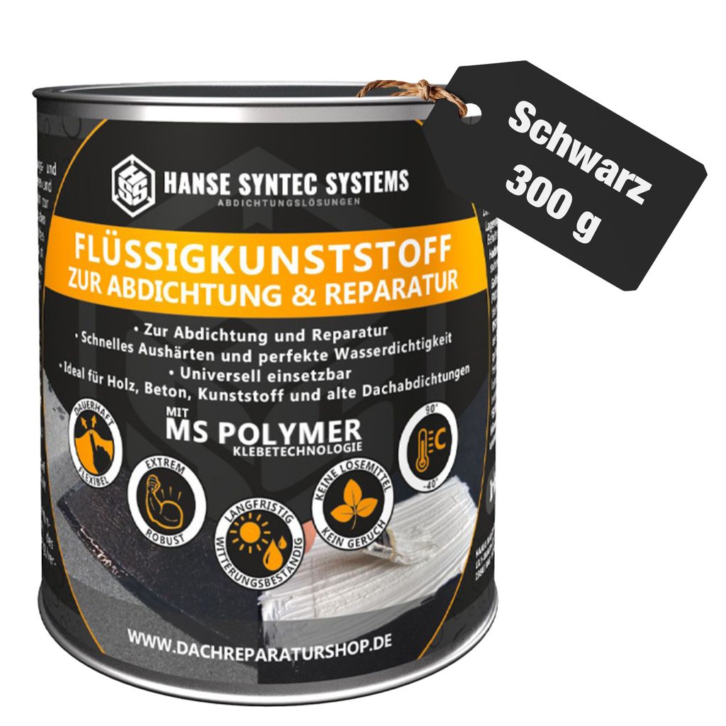 A black can of liquid plastic sealant with yellow and white text and graphics, placed on a white background.