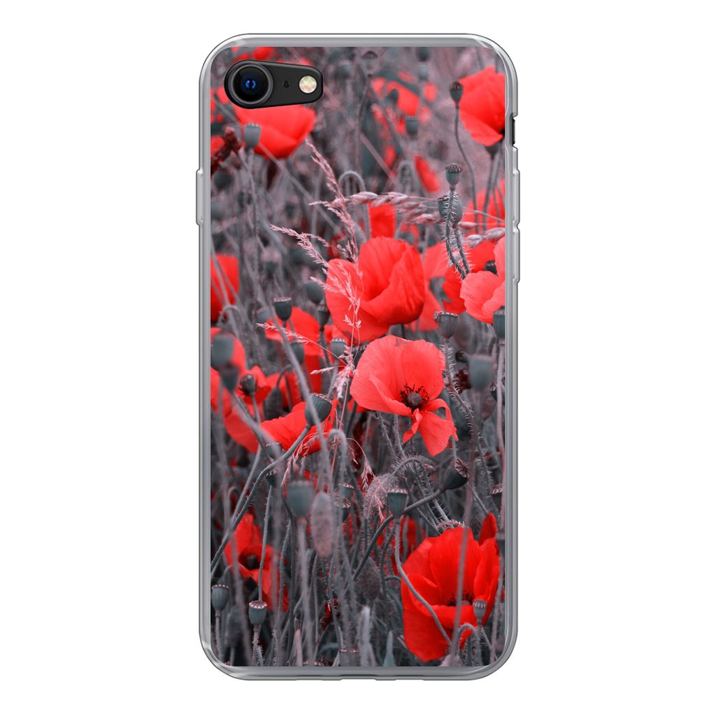 MuchoWow Handyhülle Schutzhülle Hülle für iPhone SE 2022 Rote Mohnblumen in einem Schwarz-Weiß-Bild Silikon Softcase Handy Hülle - Schutzh...