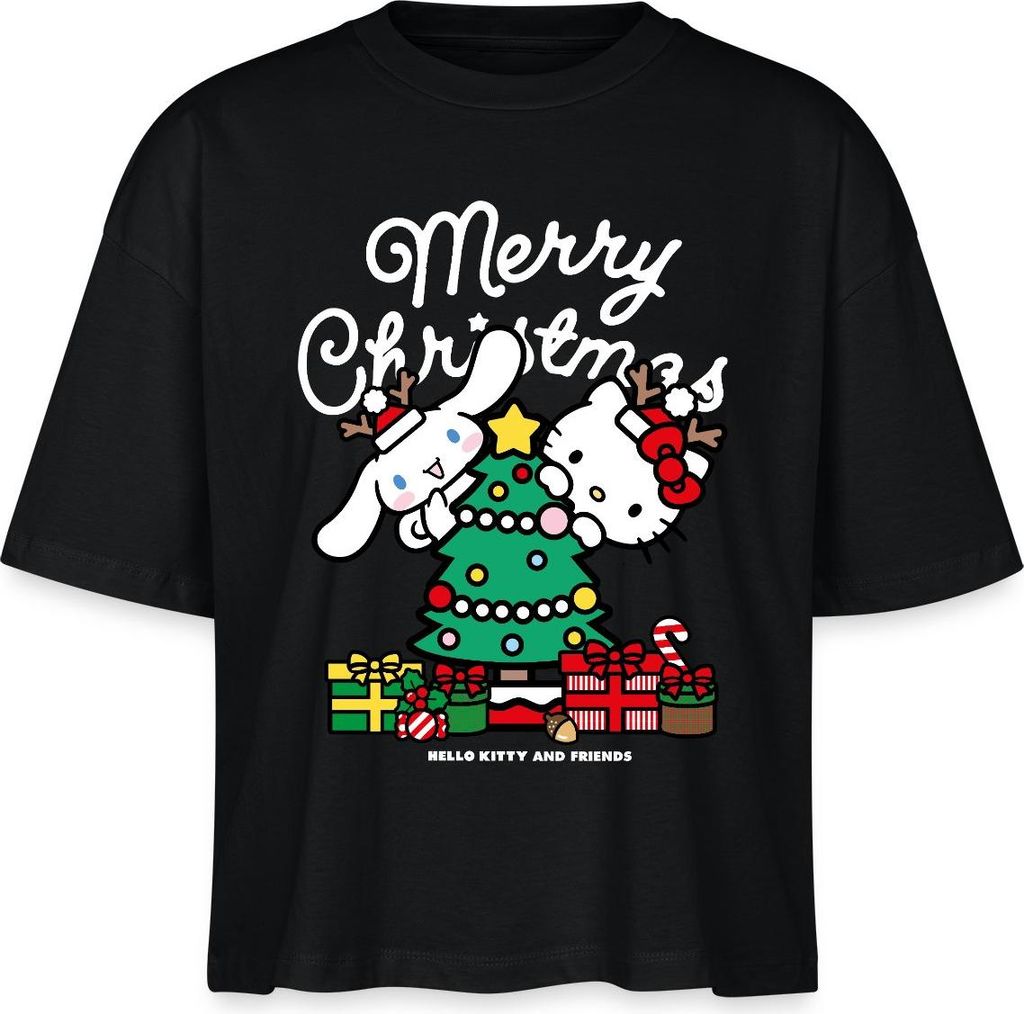 Spreadshirt Hello Kitty Und Cinnamoroll Weihnachten Boxy Shirt Damen, L, Schwarz