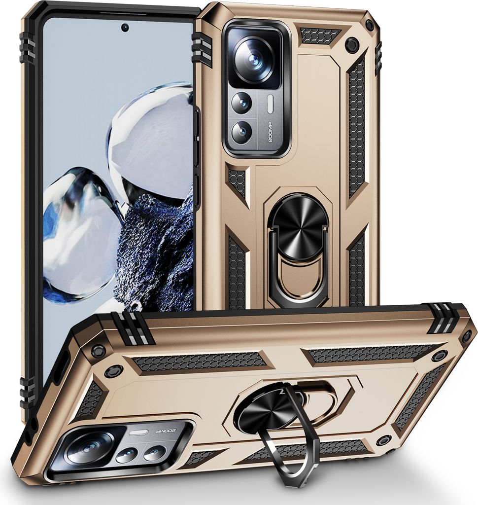 Xiaomi 12T Pro Hülle, Schiebe Kamera Schutz Schutzhülle mit Ringhalterung Ständer Kartenhalter für Xiaomi 12T/12T Pro/Redmi K50 Ultra Gold
