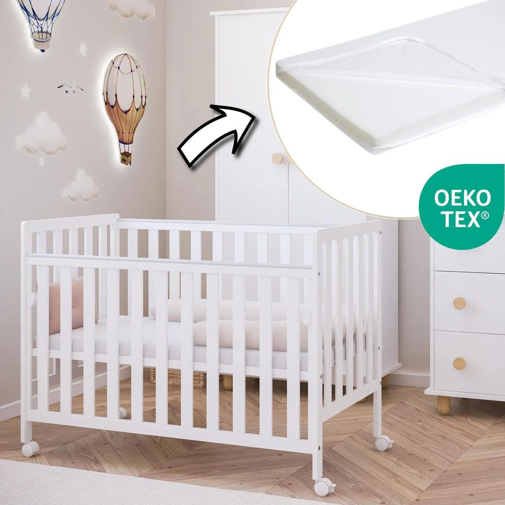 ZEE BAMBI Łóżeczko Dostawne dla Niemowląt 120x60 cm Białe z Zdjęcie produktu 