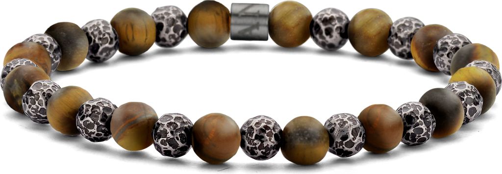 Frank 1967 7FB-0733 Perlenarmband - Herrenarmband - Tigerauge-Perlen - 6mm - Stahlperlen - dehnbar 19cm - Braun/Atracite