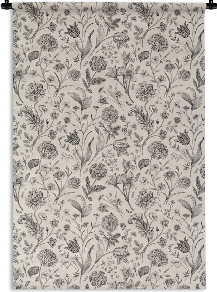 MuchoWow Wandteppich Wandbehang Blumen - Muster - Grau 60x90 cm Tapisserie Dekoration Wandtuch - Foto-Teppich - Abwaschbar