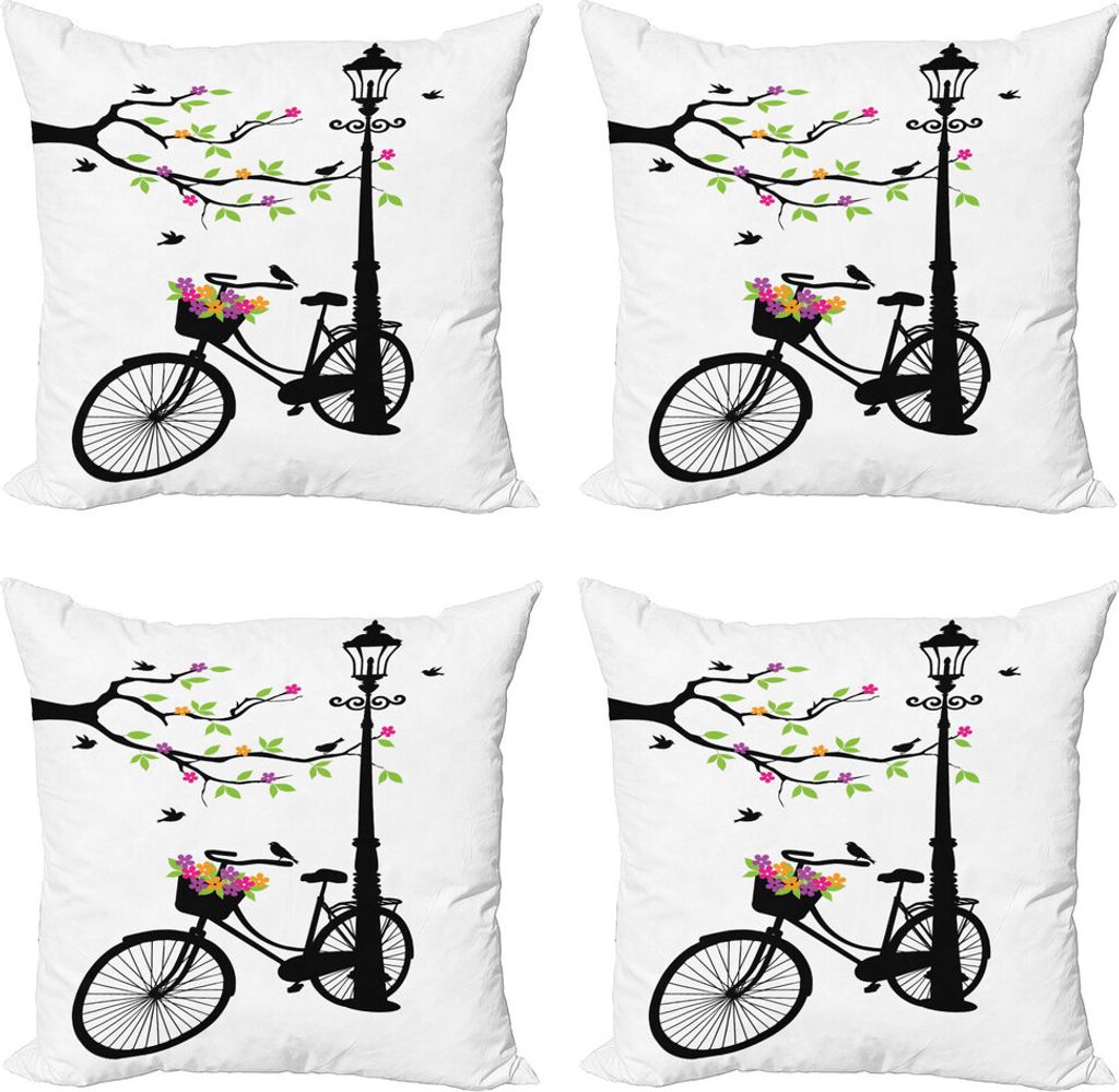ABAKUHAUS Natur Kissenbezug Set (4 Stück), Frühlings-Baum-Vogel-Bike, Moderner Doppelseitiger Digitaldruck, 50 cm x 50 cm, Mehrfarbig