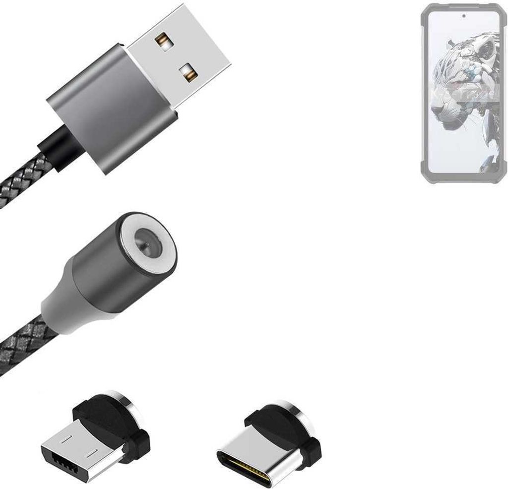 K-S-Trade Hochwertiges Magnet-Lade-kabel Sync-Kabel Daten-Kabel für Unihertz 8849 Tank 3 mit USB-Typ-C-Anschluss und Micro-USB-Anschluss 2A bis zu