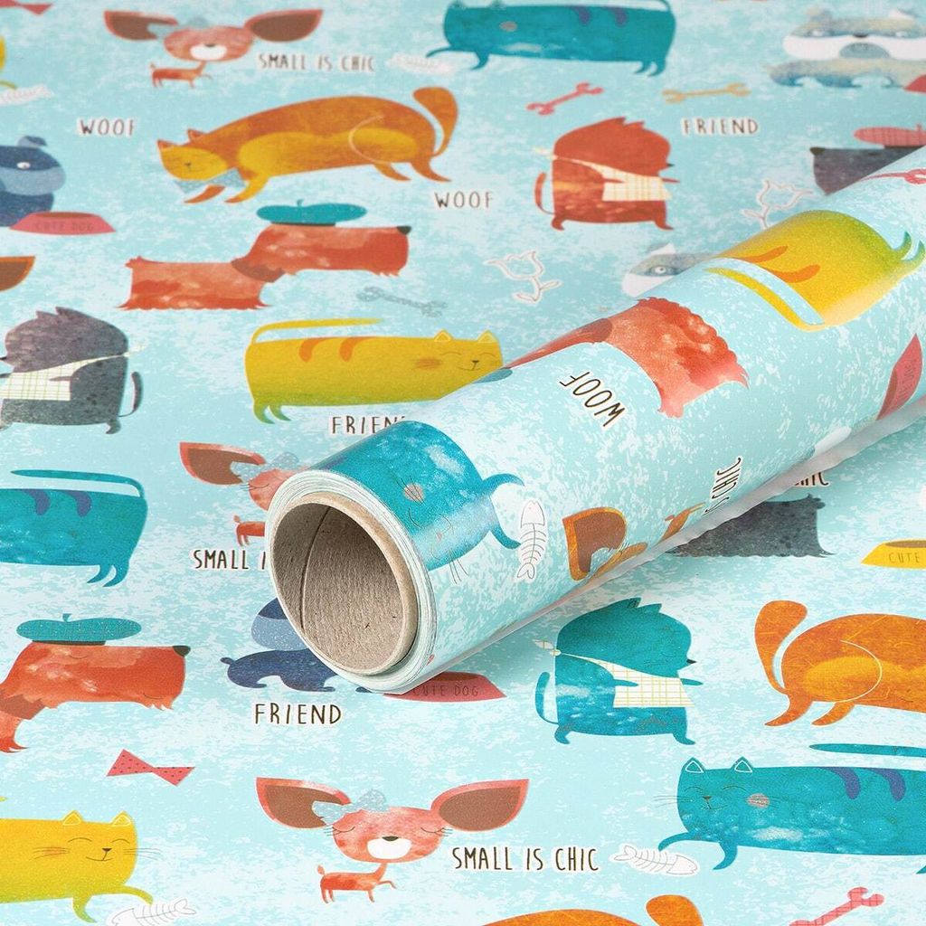 Geschenkpapier Hunde & Katzen, Hellblau, 0,70 x 10 m - Geburtstagspapier für Kinder