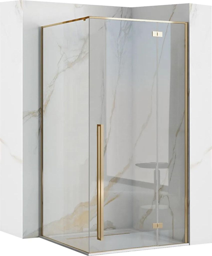 A modern shower cabin with gold accents, set against a marble-tiled wall.