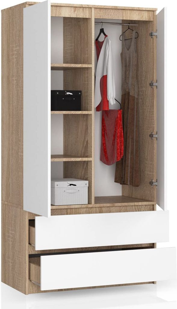 BDW, Kleiderschrank 2 Türen, 2 Schubladen, 180x90x51 cm, Eiche Sonoma / Weiß