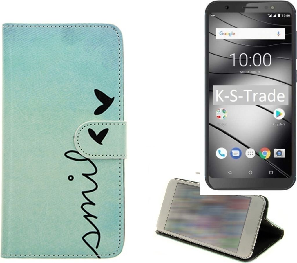 K-S-Trade Schutz-Hülle Handy-Hülle kompatibel mit Gigaset GS185 Hülle Wallet Case Flip cover bookstyle Etui Handyhülle ''smile'' türkis
