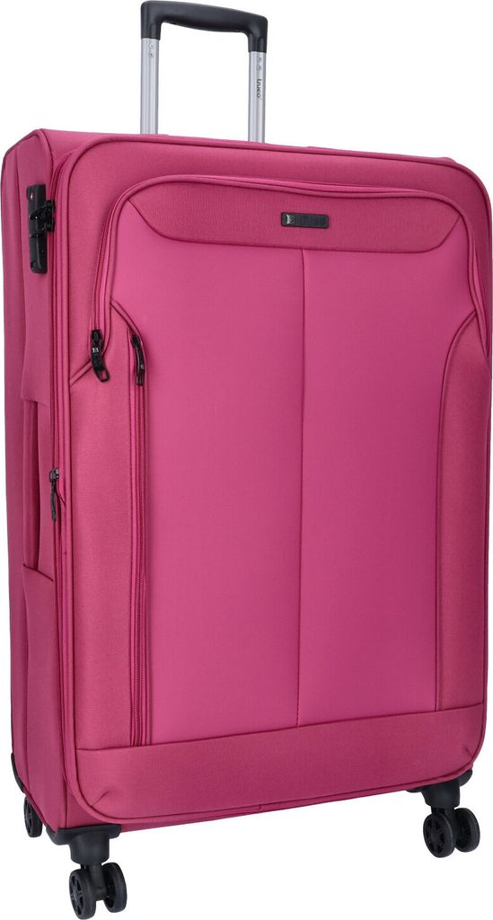 A pink suitcase is shown against a white background.