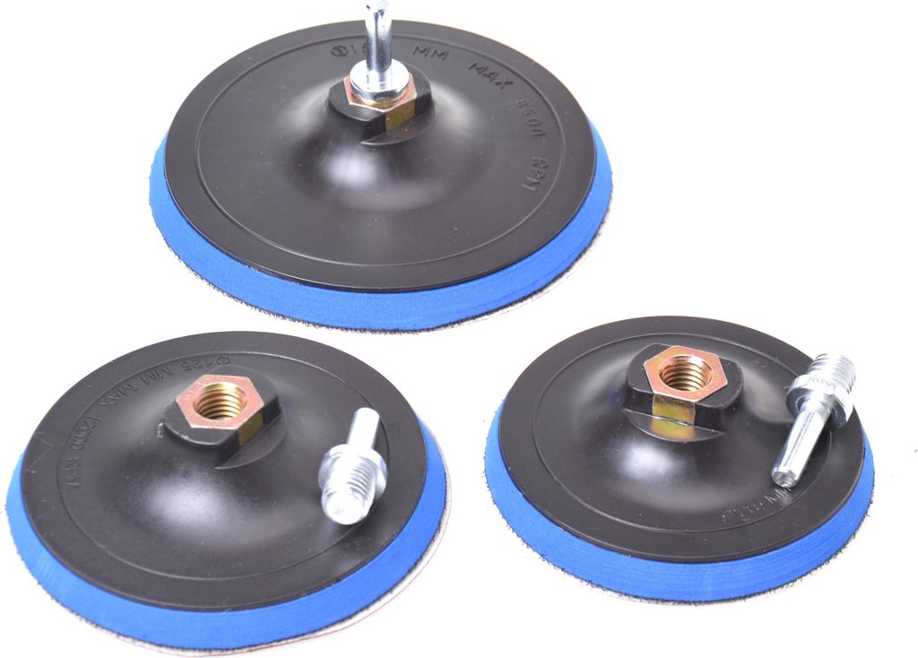 Aqbau 3er Set Schleifteller mit Klett Haftteller 115mm 125mm 150mm I M14 mit adapter I Schleifteller für Bohrmaschine und Winkelschleifer incl. ...