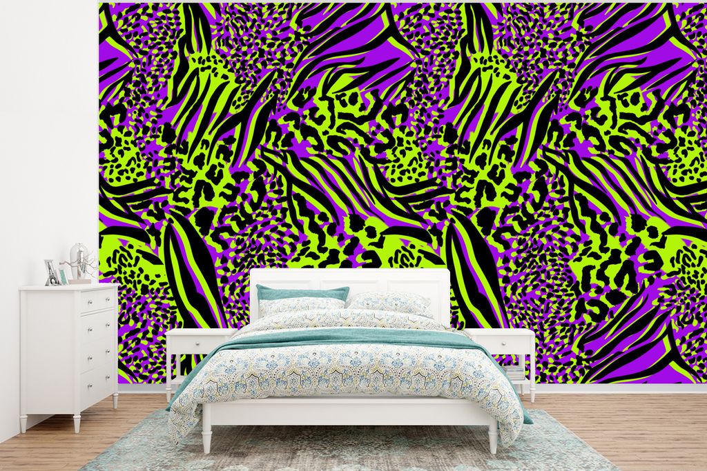 MuchoWow Fototapete für Wohnzimmer oder Schlafzimmer Wandtapete Vinyl Motivtapete Tiermuster - Muster - Neon - Lila - 295x220 cm - Wand Tapete