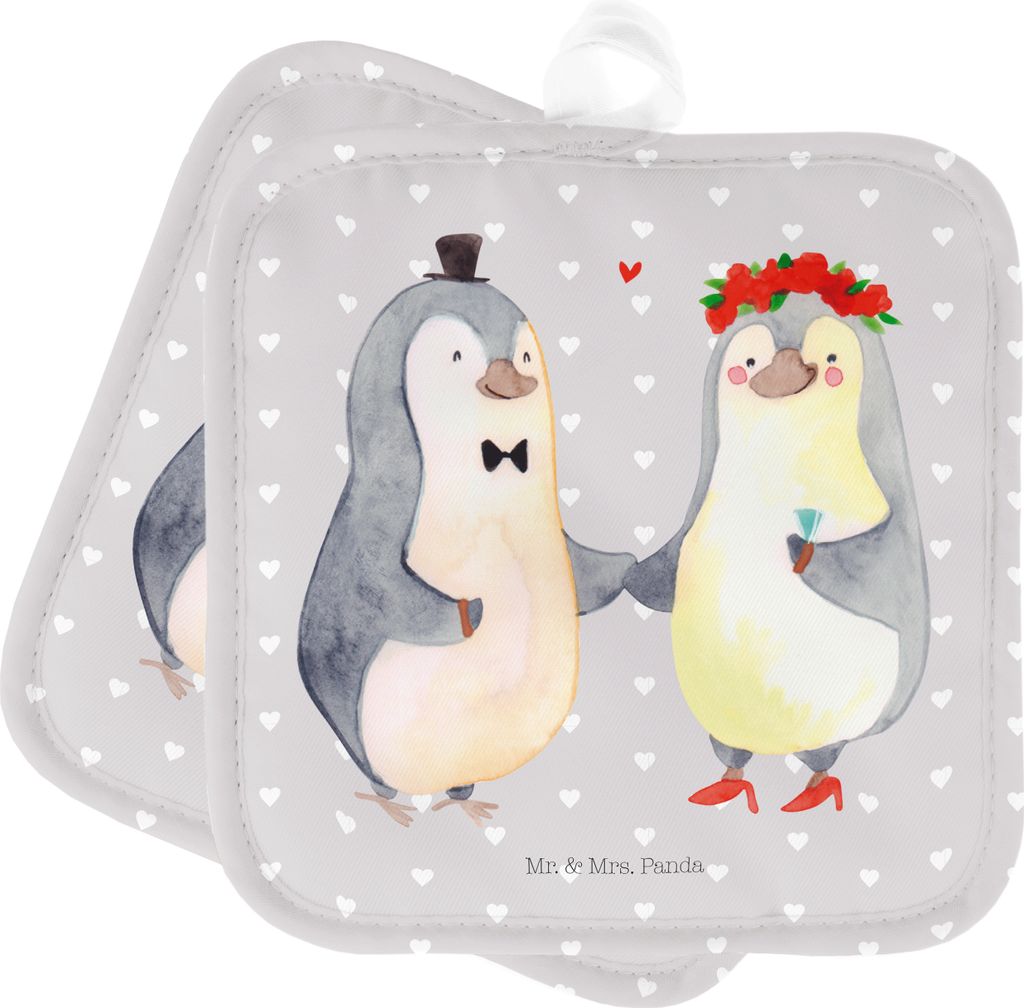 Mr. & Mrs. Panda Topflappen Pinguin Heirat - Grau Pastell - Geschenk, Just Married, Verheiratet, Freundin, Pärchen, Kochlappen, Hochzeit, Topfunte...