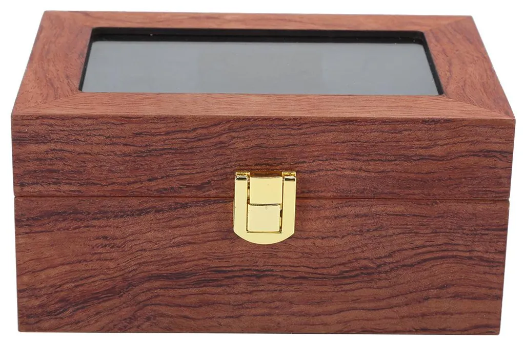 Boîte à montres en bois précieux, vitre transparente et fond stable