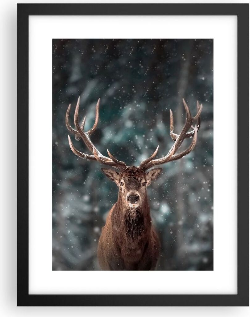 Gerahmtes Poster - Schwarzer Rahmen - Hirsch Hirsch Winter - 30x40 cm - Wand Bild - Wanddeko - Wandbilder - Kunstposter - Wandposter - Bilderrahmen...