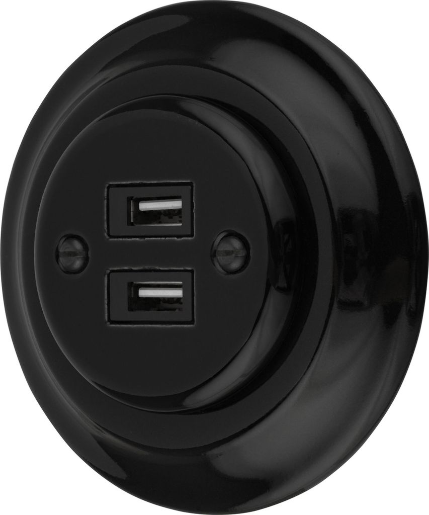 Unterputz Porzellan Retro USB Steckdose 2-fach I PR1 schwarz