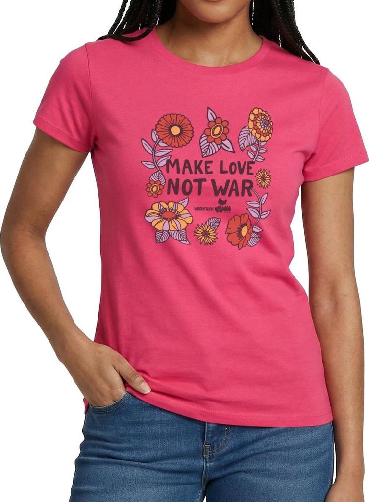 Spreadshirt Woodstock Make Love Not War Mit Blumen Rahmen Frauen T-Shirt, S, Azalea