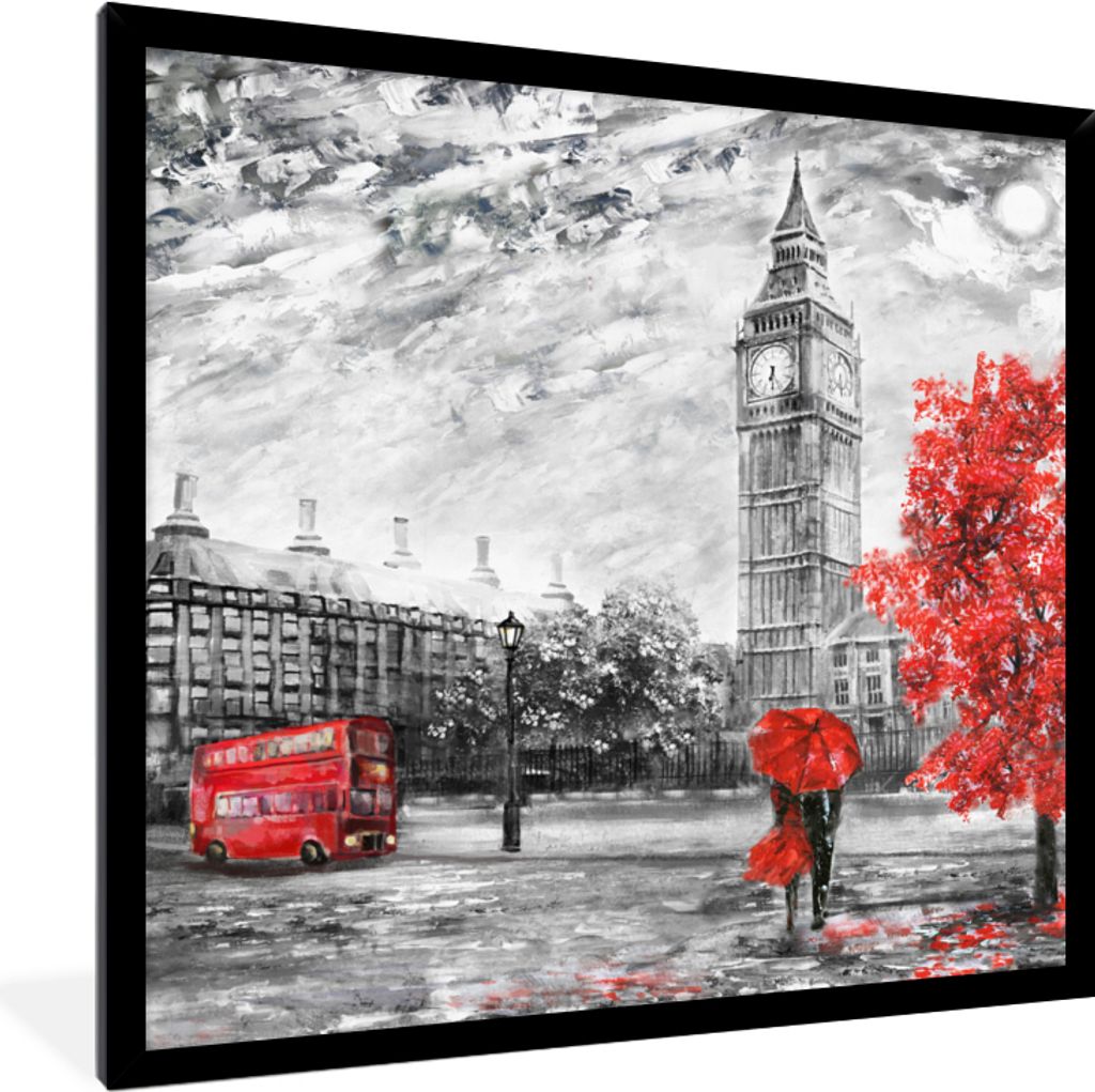 MuchoWow Gerahmtes Poster Gemälde - Big Ben - Rot - Regenschirm 40x40 cm - Poster mit Schwarzem Bilderrahmen Wandposter Rahmen Foto Bilder - Mit...