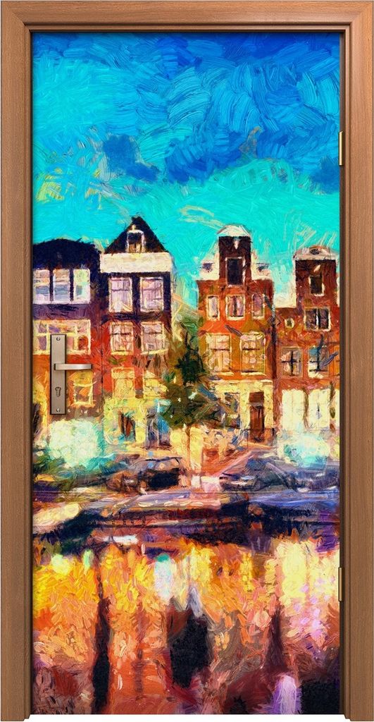 Türposter 90x200 cm Türaufkleber Türtapete Türfolie Klebefolie Himmel bunte Amsterdam Kanal Häuser