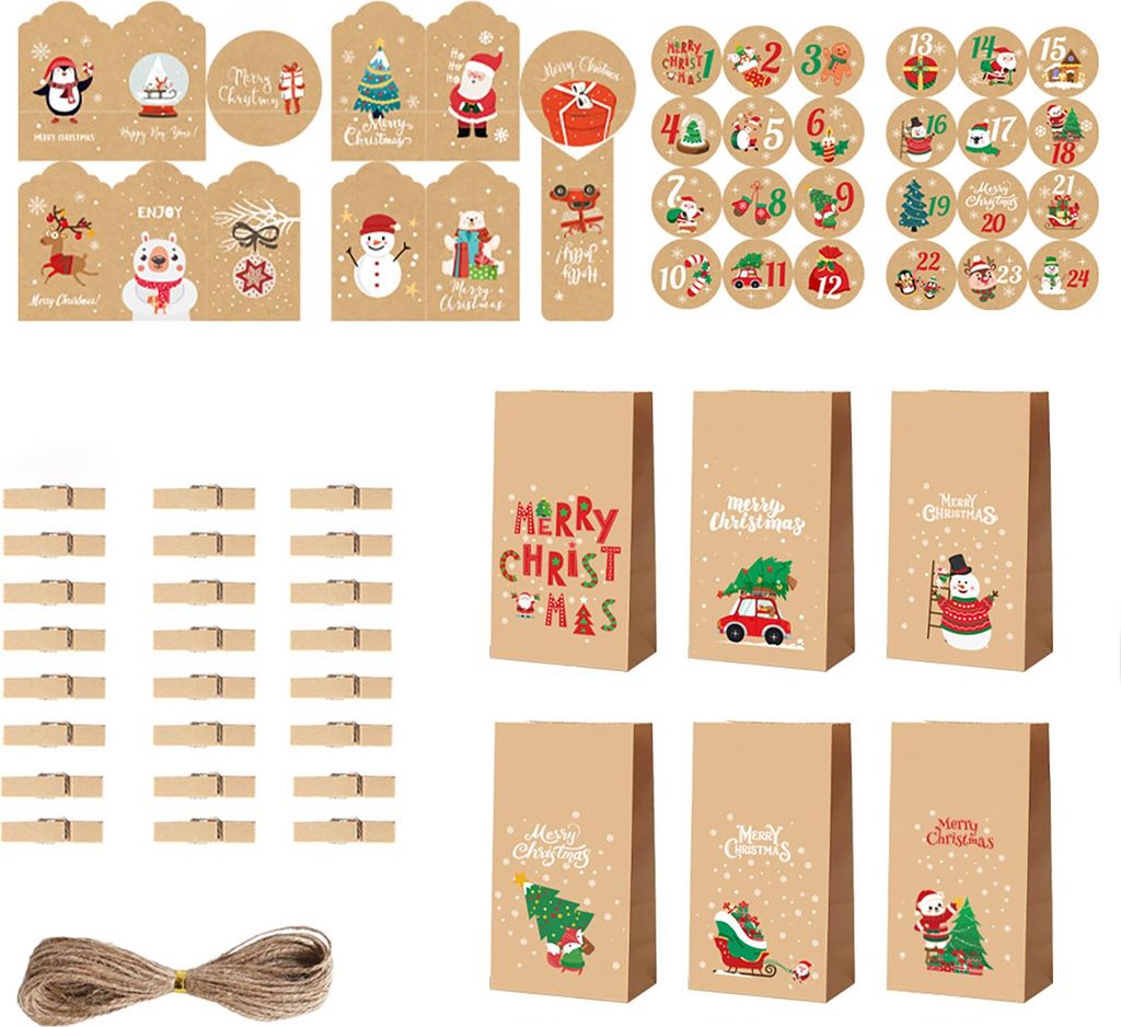 24er-Set Weihnachtsgeschenktüten mit Weihnachtsmann-, Schneemann- und Hirschmotiven, Papierboxen für Süßigkeiten, festliche Geschenktüten, Dek...