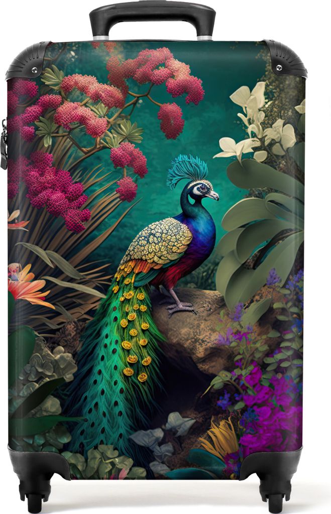 NoBoringSuitcases.com Koffer Handgepäck Trolley Rollkoffer Kleine Reisekoffer mit 4 Rollen - Pfau - Federn - Blumen - Vogel - Cabin Size < 55x40...