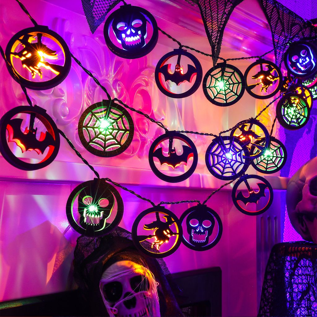 Halloween Dekoration Fledermaus Skelett Hexe Lichterketten, 3M LED Hängende Deko Batteriebetrieben Hängelampe für Party Bar Garten