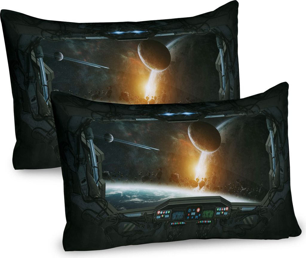 ABAKUHAUS Weltraum Kissenbezug Packung mit 2, Landschaft von Planeten aus dem Fenster eines Shuttle Bodies Astronaut Space Station, Dekorativer Ged...