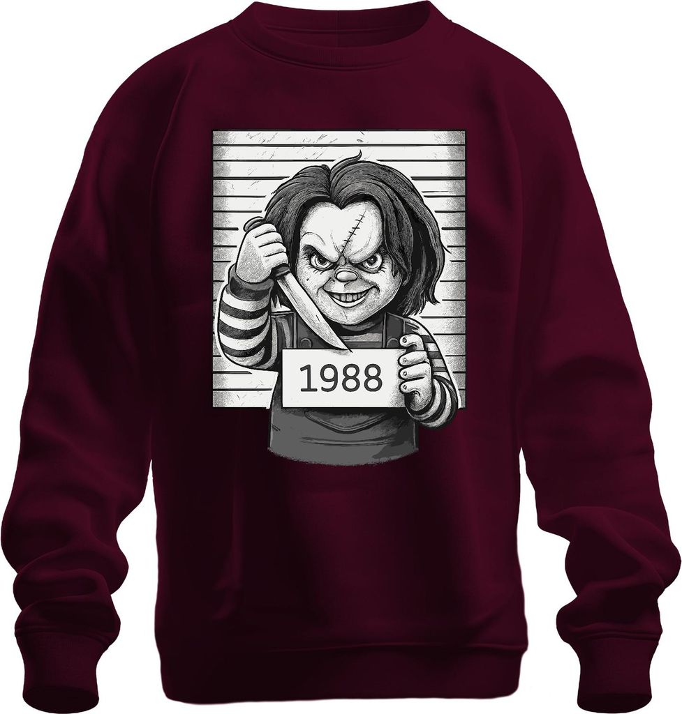 Chucky Mörderpuppe 1988 Horror Polizeifoto Killer Puppe Cult Uni Sweatshirt Pullover, Burgundy, XL