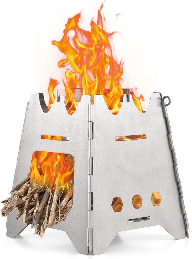 Zusammenklappbarer Campingkocher Holzofen Tragbarer Edelstahl-Rucksackkocher Alkoholkocher fuer Outdoor-Camping Wandern Rucksackreisen Picknick BBQ