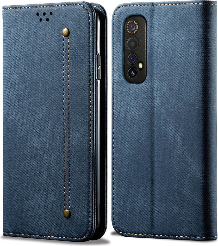 OPPO Realme 7 Hülle, LaimTop Denim Leder Brieftasche Magnetverschluss Flip Bookstyle Schutzhülle mit Standfunktion für OPPO Realme 7 Blau