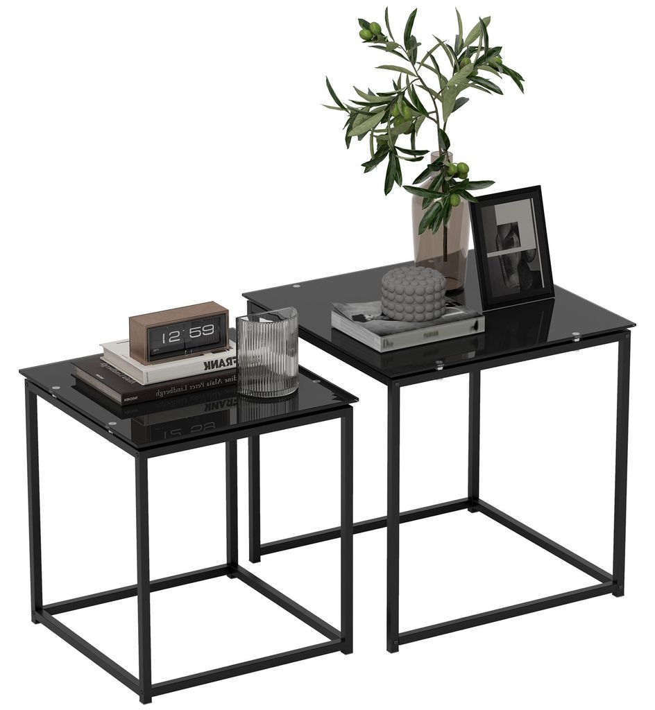 Beistelltisch 2er Set stapelbar - Couchtisch Glas & Stahl - Sicherheitsglas modern - 50 x 50 x 52 cm - Schwarz