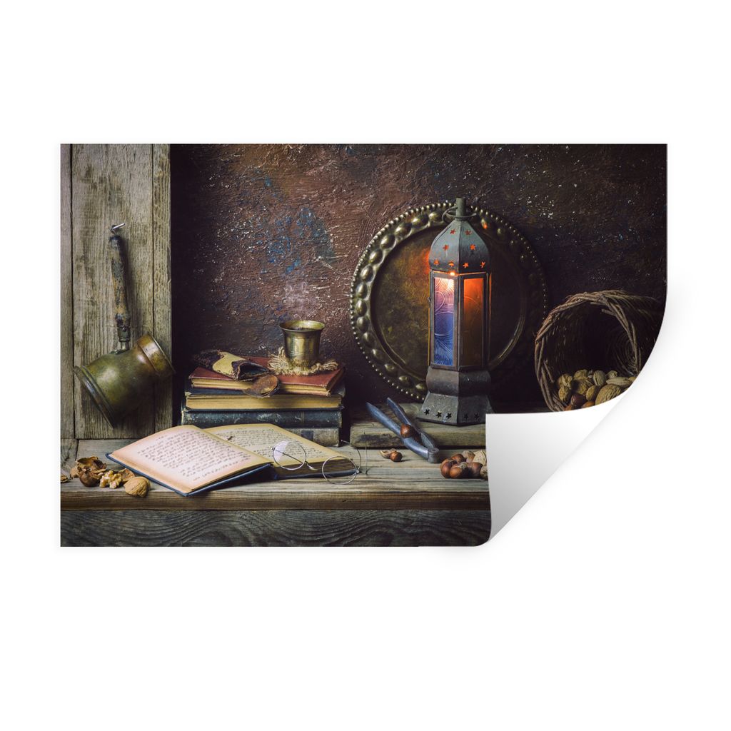 MuchoWow Wandtattoo Wandsticker Wandaufkleber Buch - Stilleben - Walnuss - Laterne - Vintage 90x60 cm Selbstklebend und Repositionierbar - Aufkleber