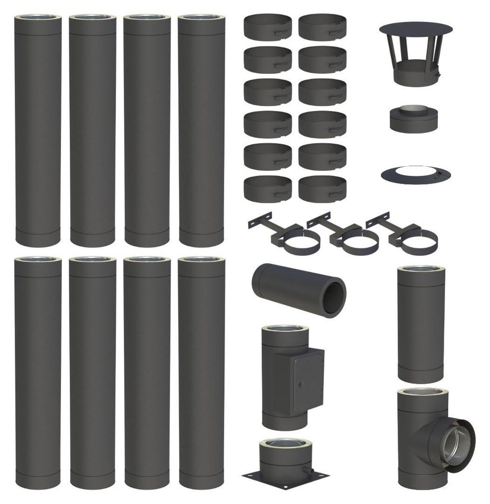 9 m Edelstahlschornstein Ø 130 mm Komplettset doppelwandig DW-Black Bodenmontage