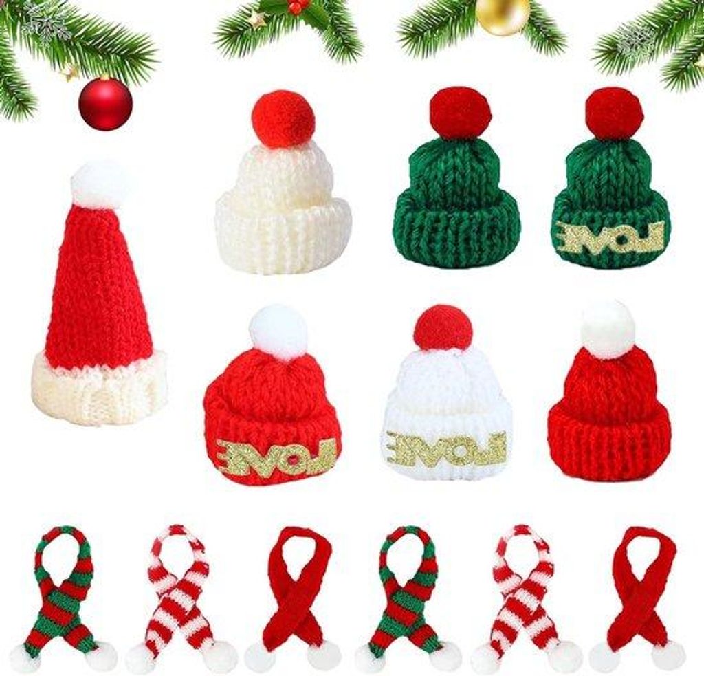 Mini Weihnachtsmützen und Schals aus Filz für Weinflaschen und Tischdeko