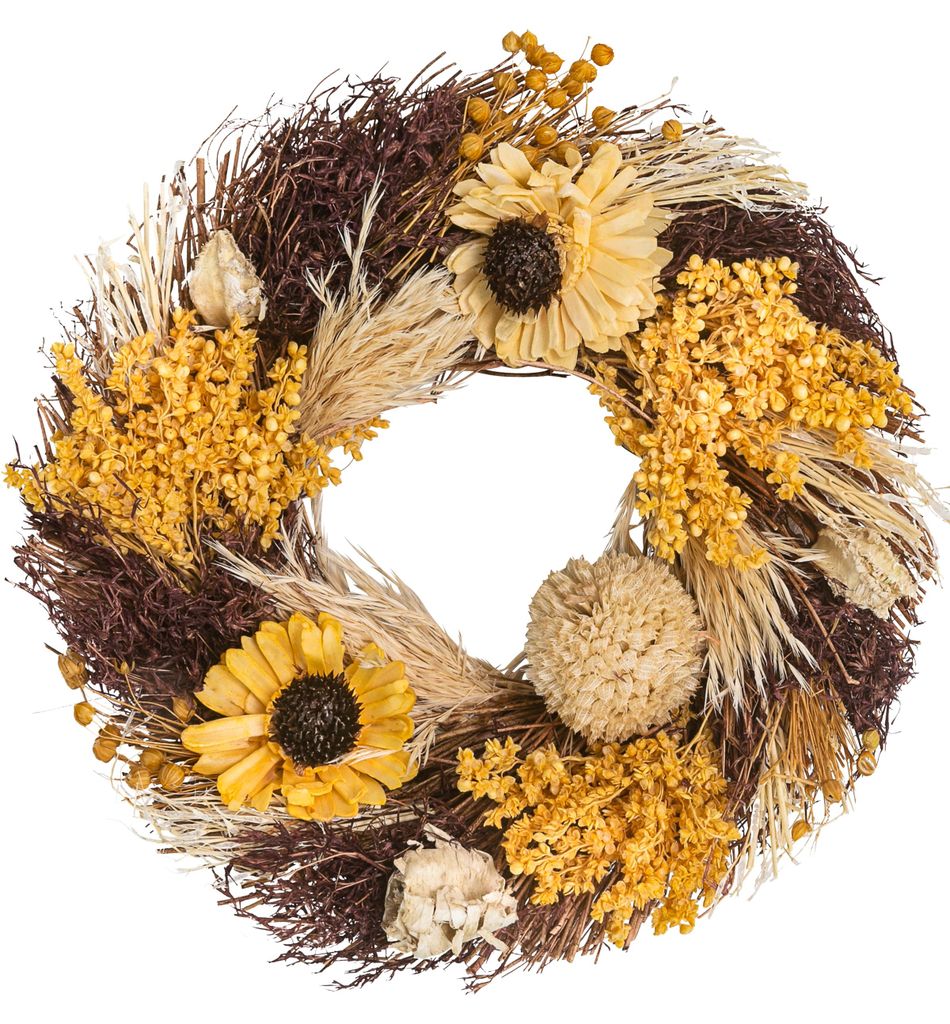Dehner Deko-Kranz Sunflower, handgefertigter Naturkranz, einseitig gebunden, Ø 25 cm, Höhe 9 cm, Naturmaterial / Kunststoff, gelb / braun / natur